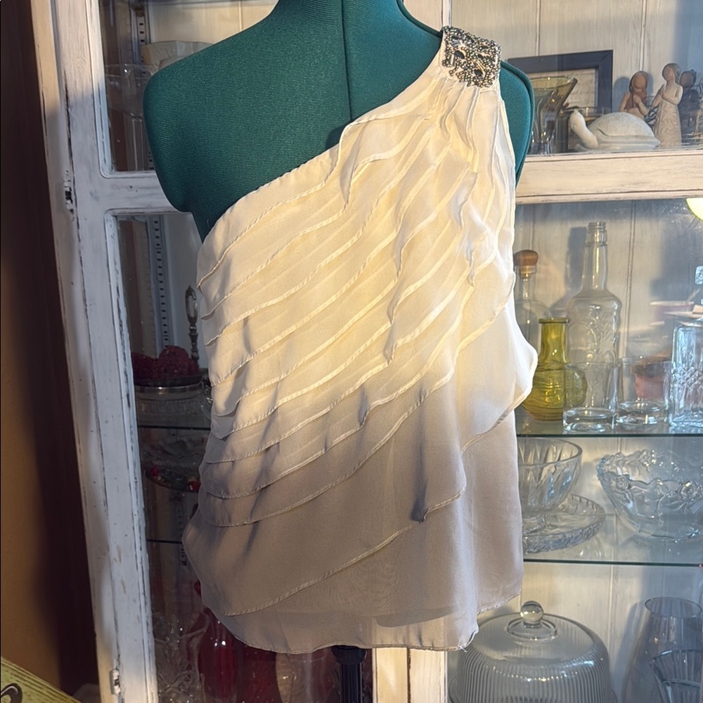 Elegant One-Shoulder White and gray blouse with Embellished Strap